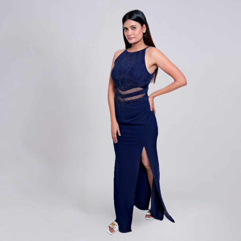 Glitter Halter Neck High Slit Bodycon Maxi Dress