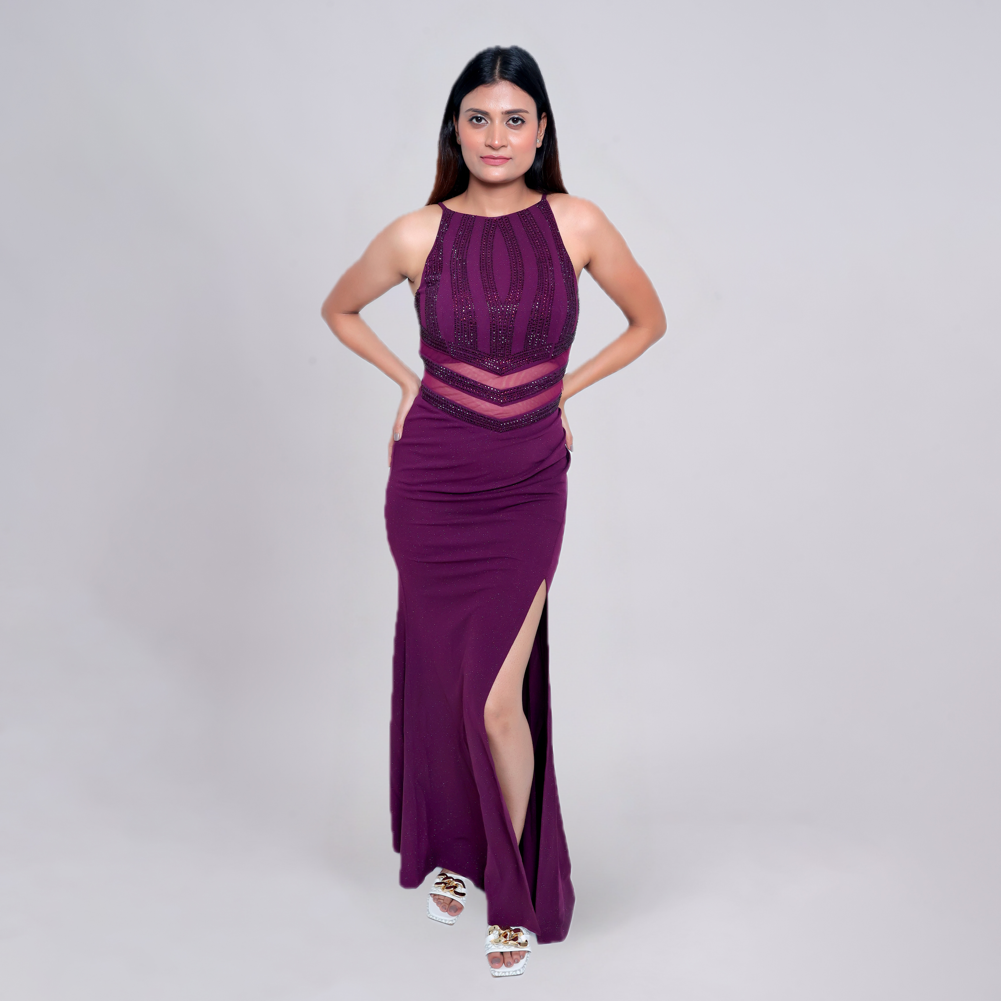 Glitter Halter Neck High Slit Bodycon Maxi Dress