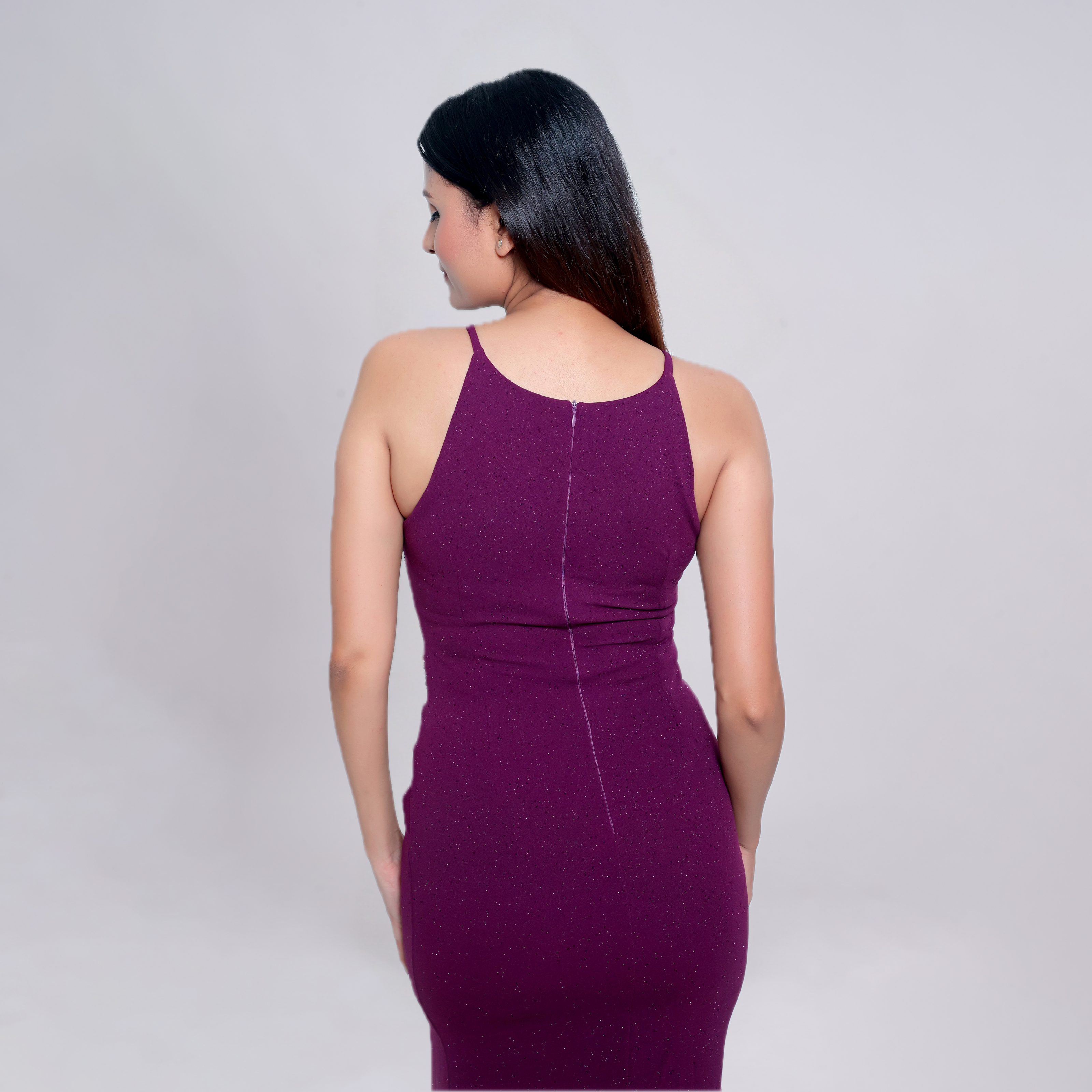 Glitter Halter Neck High Slit Bodycon Maxi Dress