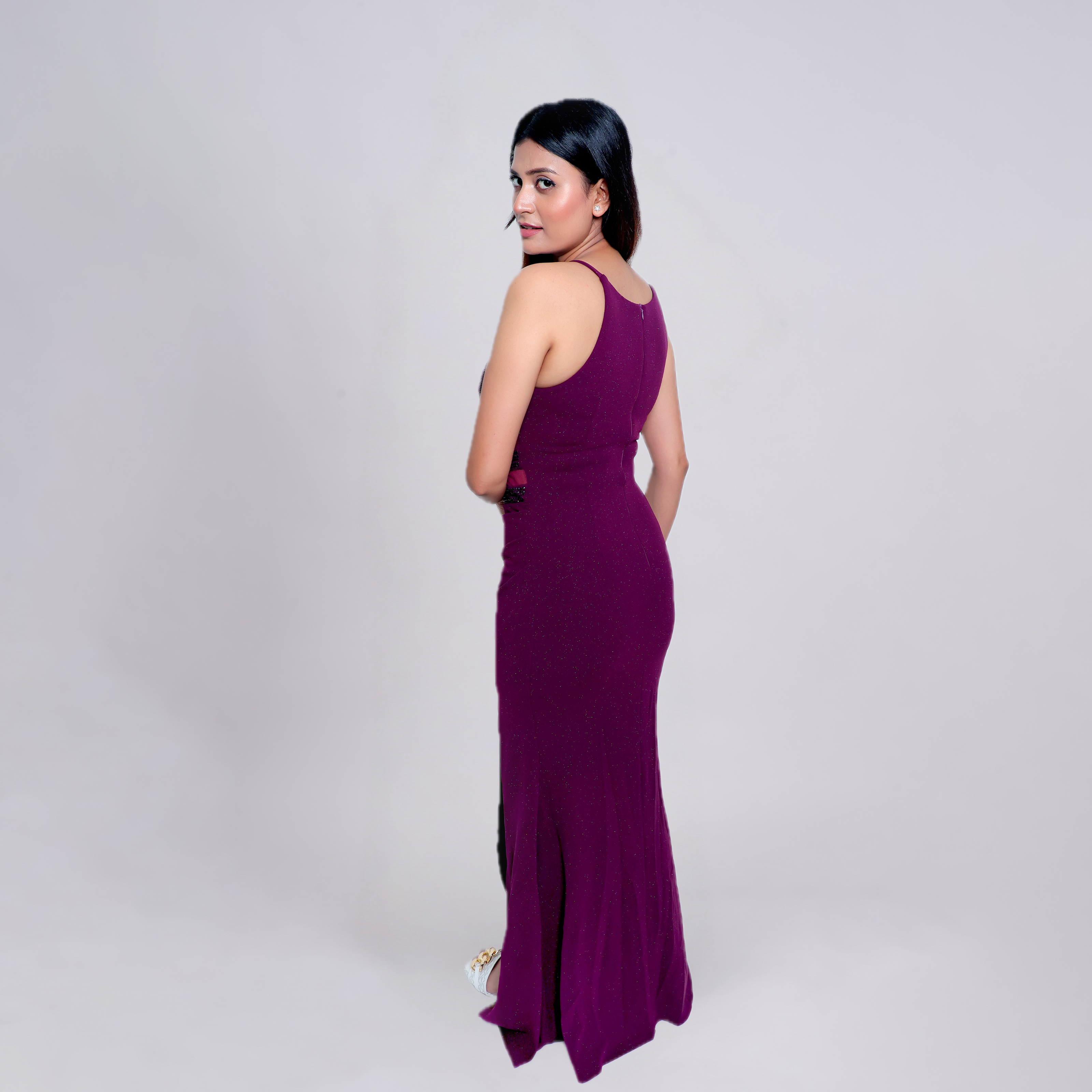 Glitter Halter Neck High Slit Bodycon Maxi Dress