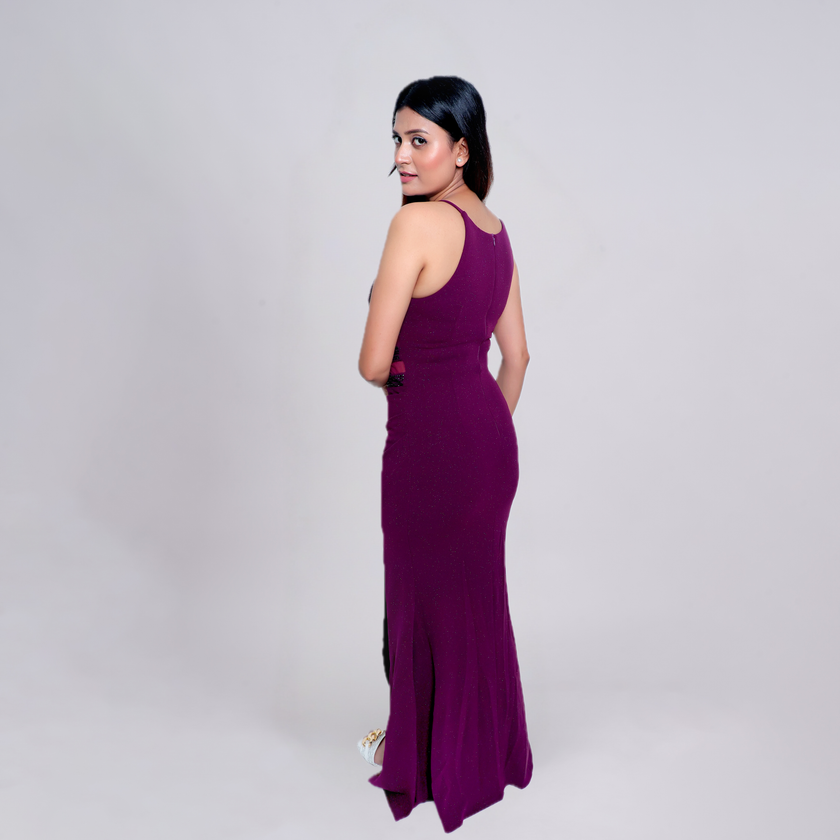 Glitter Halter Neck High Slit Bodycon Maxi Dress