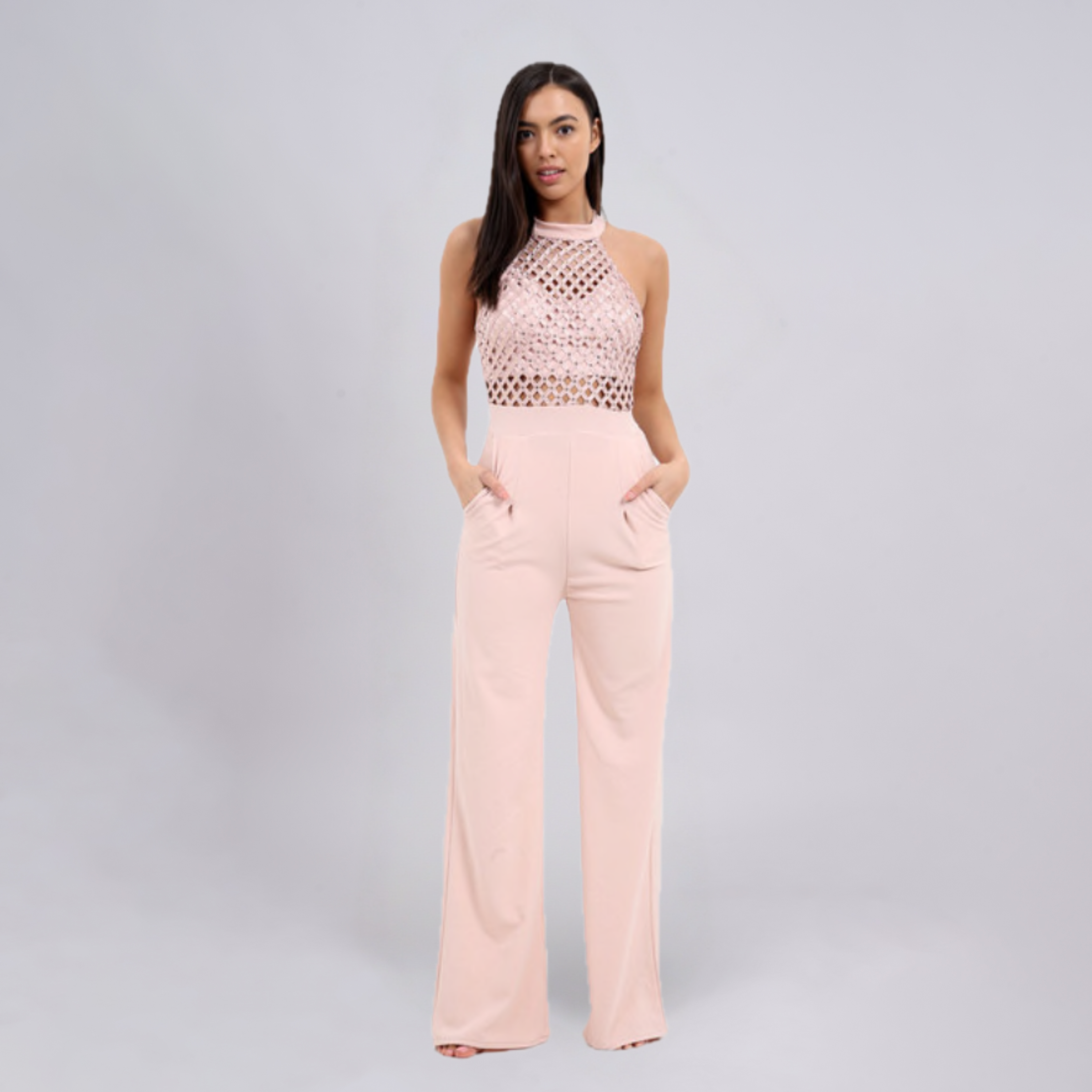 Halter Neck Embellished Mesh Bodice Jumpsuit