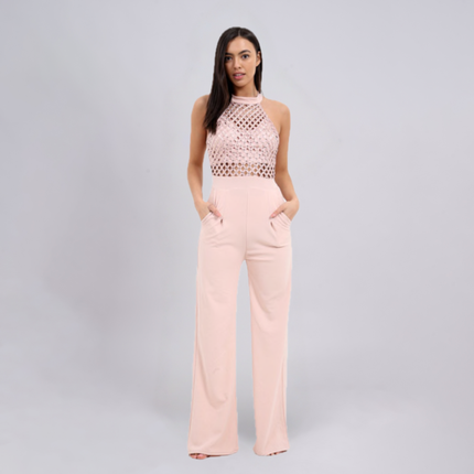 Halter Neck Embellished Mesh Bodice Jumpsuit