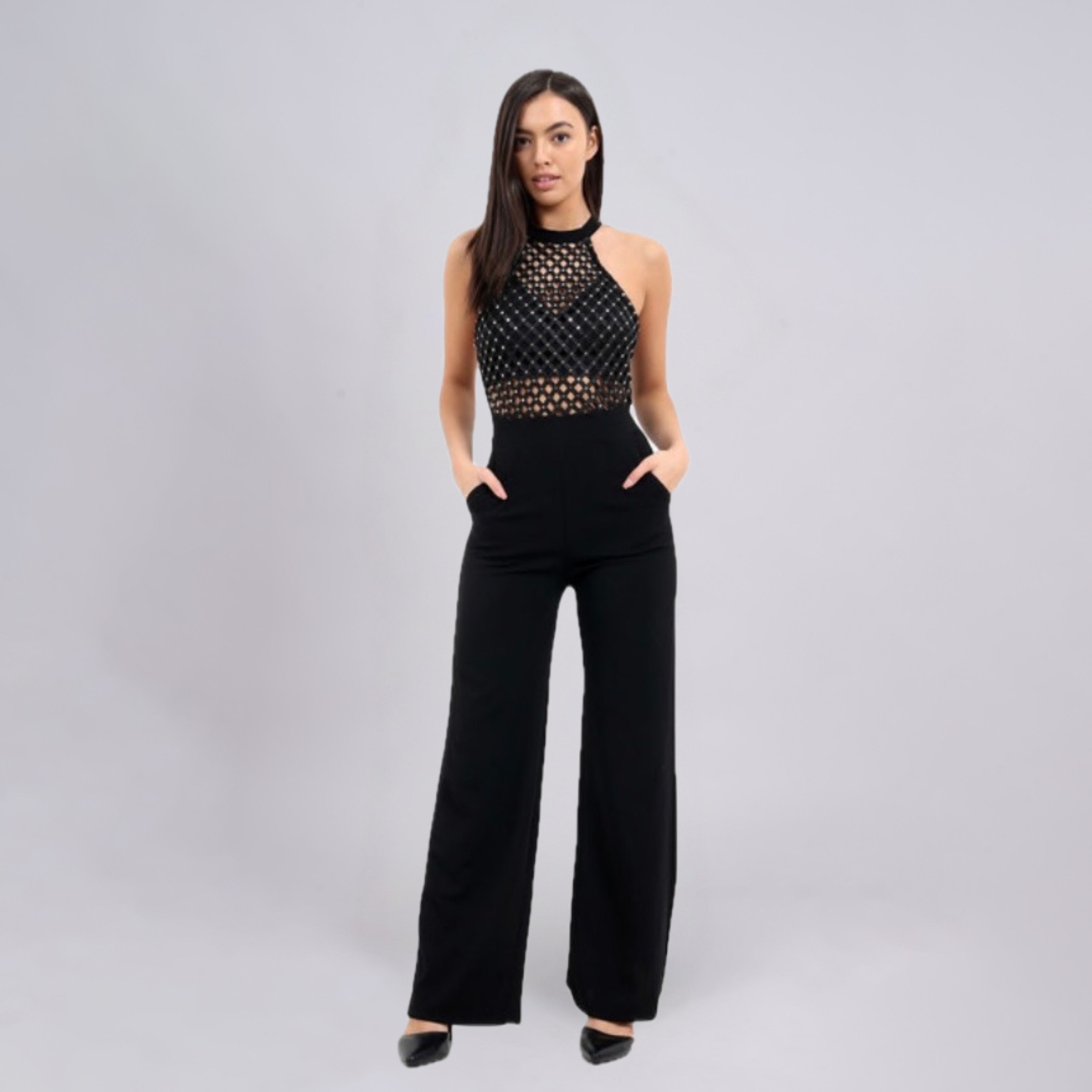 Halter Neck Embellished Mesh Bodice Jumpsuit