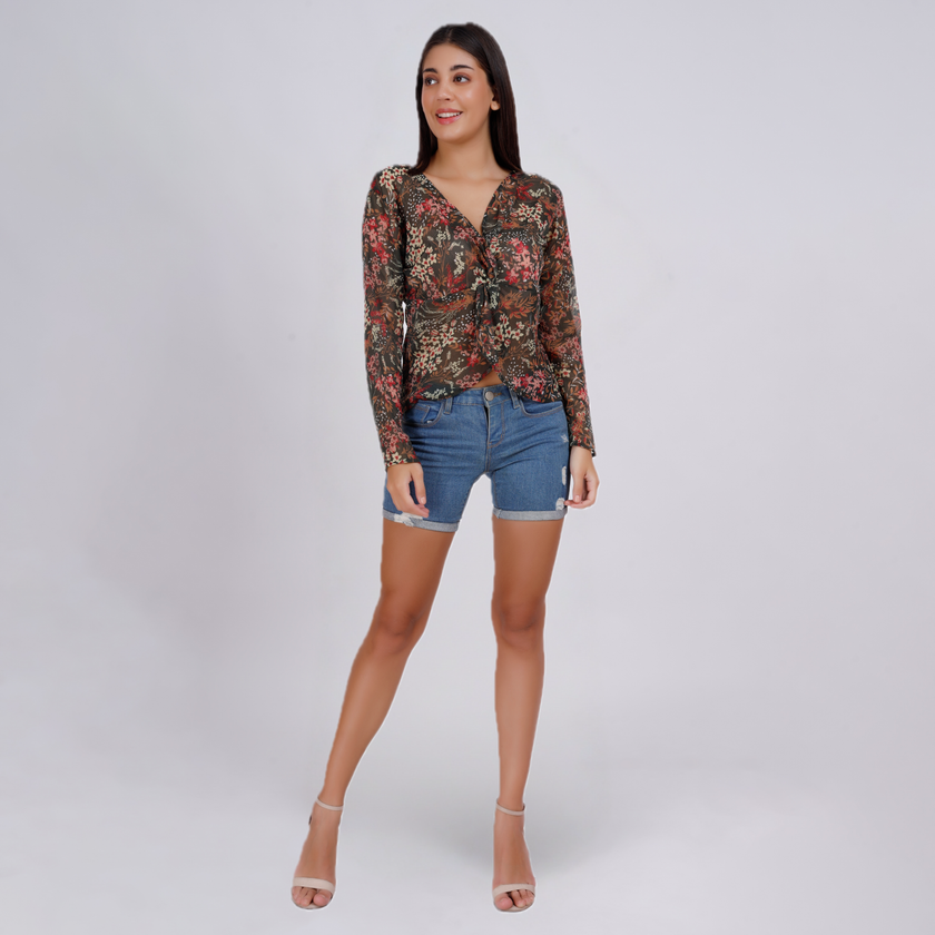 Lightweight Reversible Long Sleeve Knot Blouse