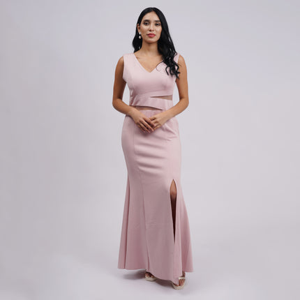 Sleeveless V-Neck Sequin Gown with Beaded Back Drape