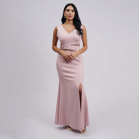 Sleeveless V-Neck Sequin Gown with Beaded Back Drape