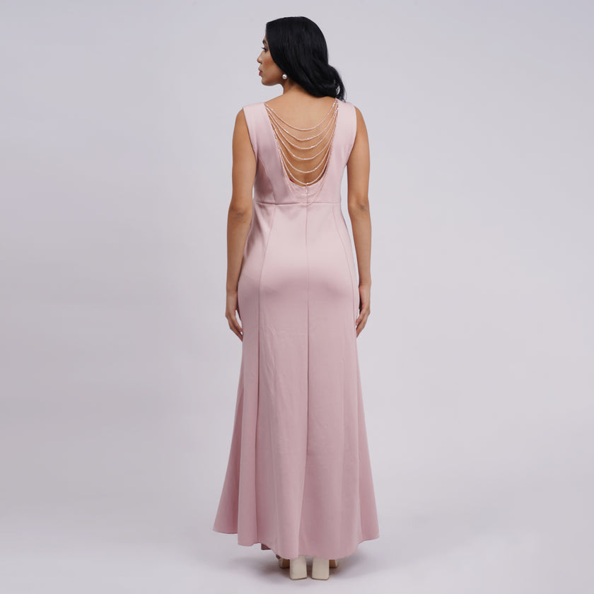 Sleeveless V-Neck Sequin Gown with Beaded Back Drape
