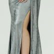 Sleek Off-Shoulder Liquid Metallic Gown with High-Thigh Slit