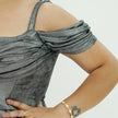 Sleek Off-Shoulder Liquid Metallic Gown with High-Thigh Slit