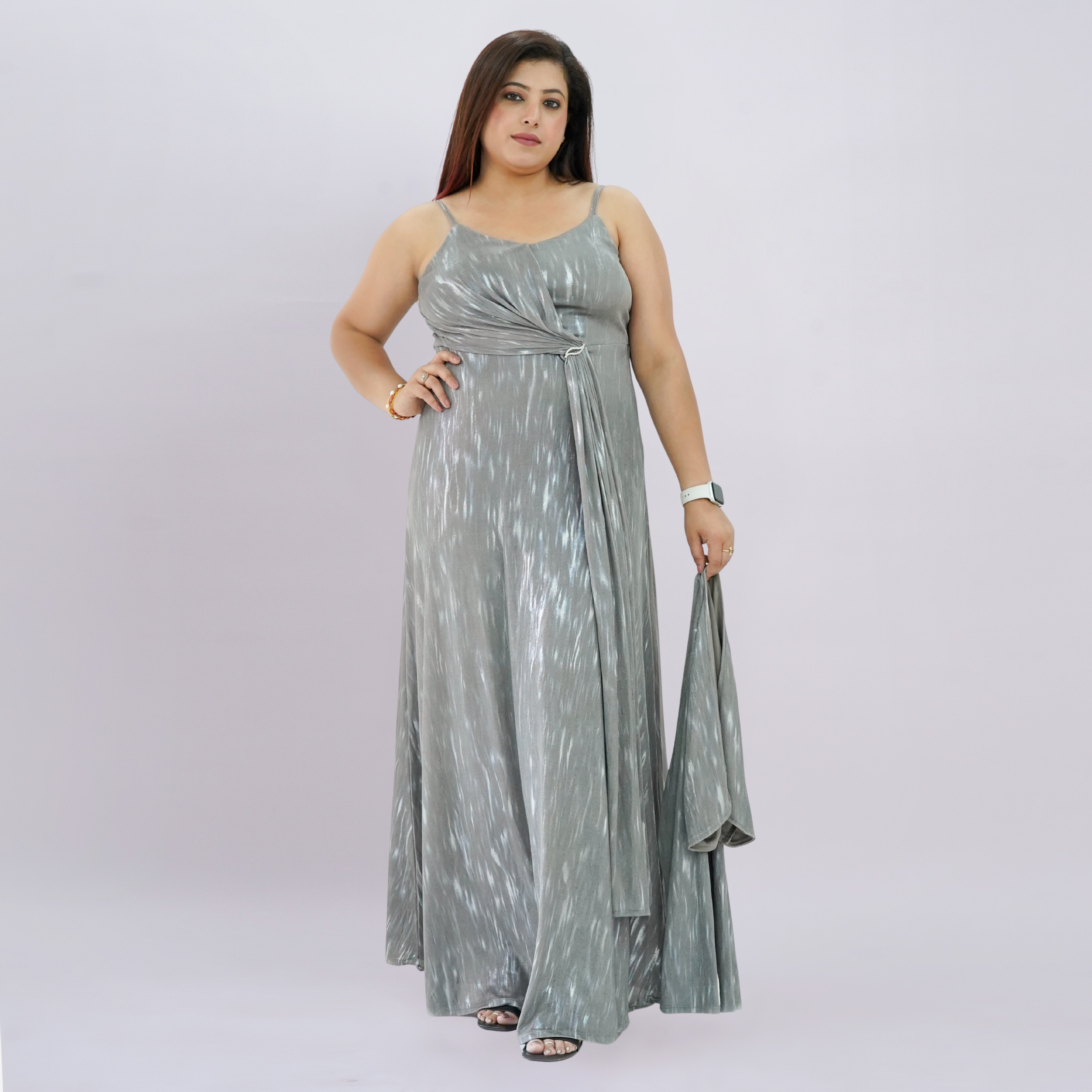 Metallic Draped Maxi Dress with Matching Shrug