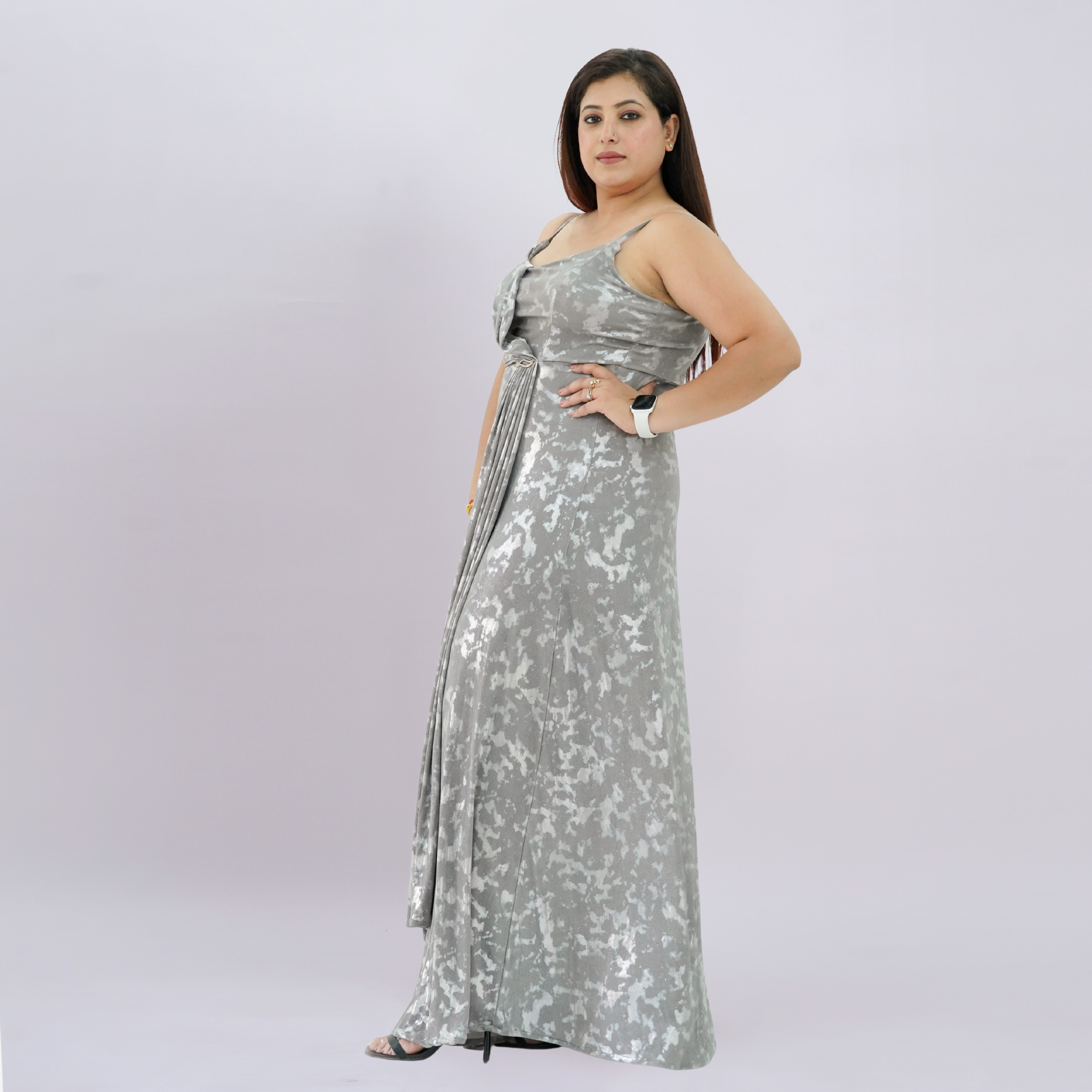 Metallic Draped Maxi Dress with Matching Shrug