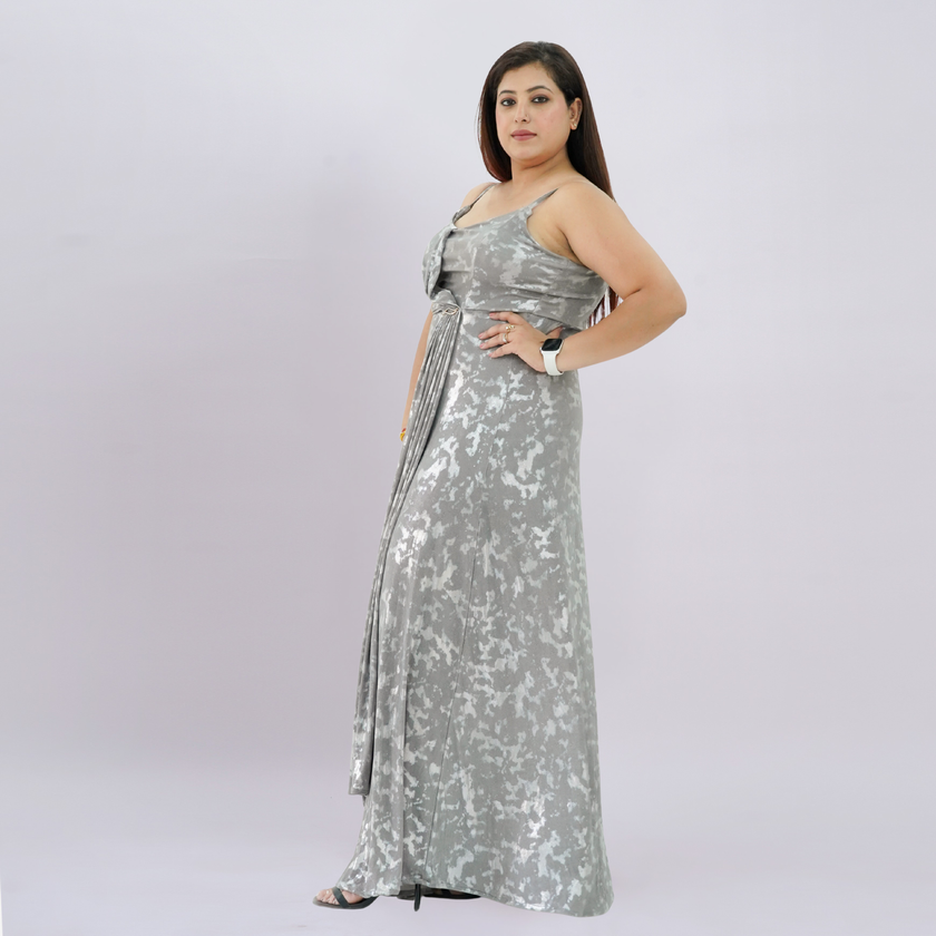 Metallic Draped Maxi Dress with Matching Shrug