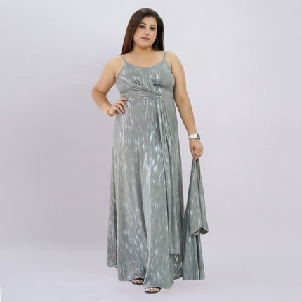 Metallic Draped Maxi Dress with Matching Shrug