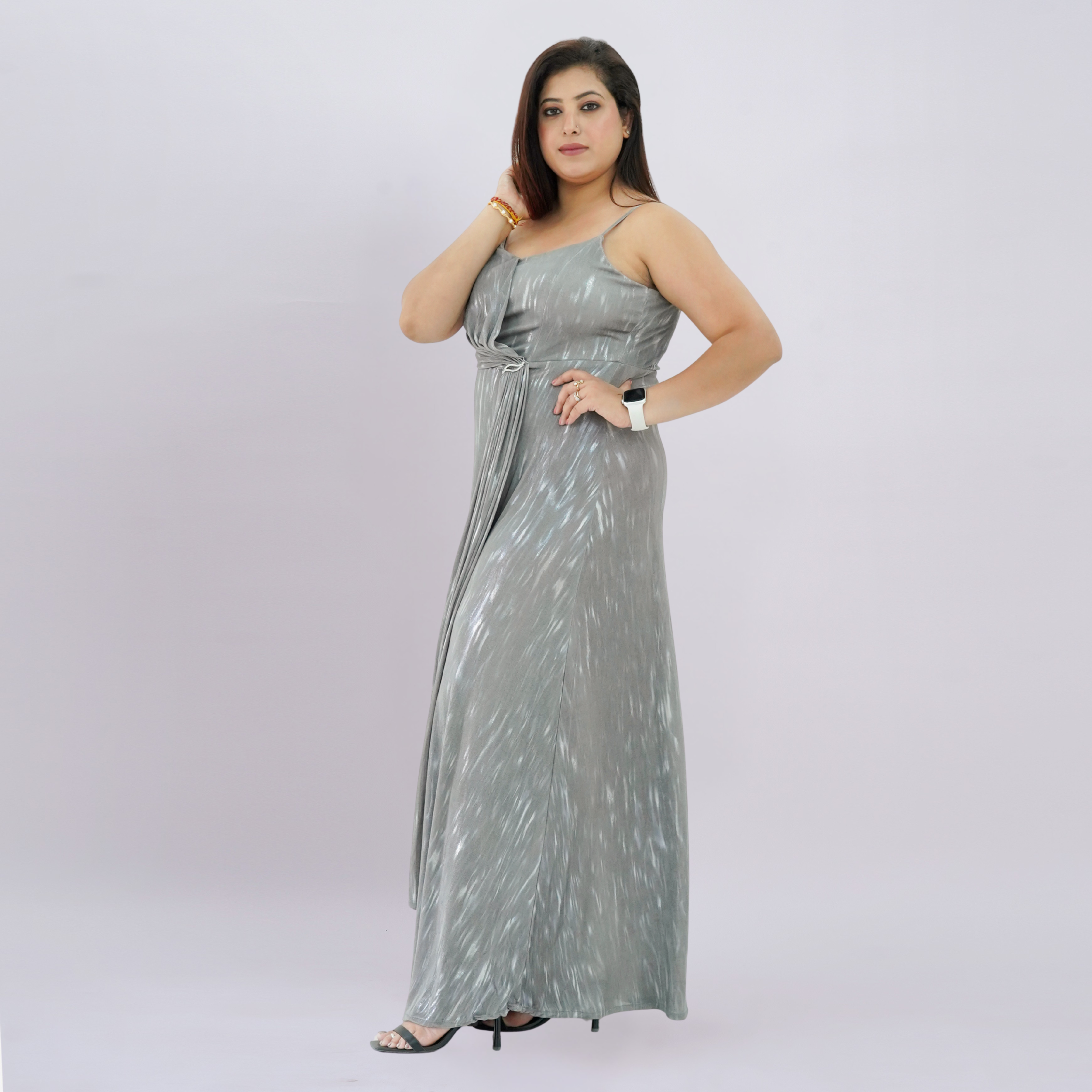 Metallic Draped Maxi Dress with Matching Shrug