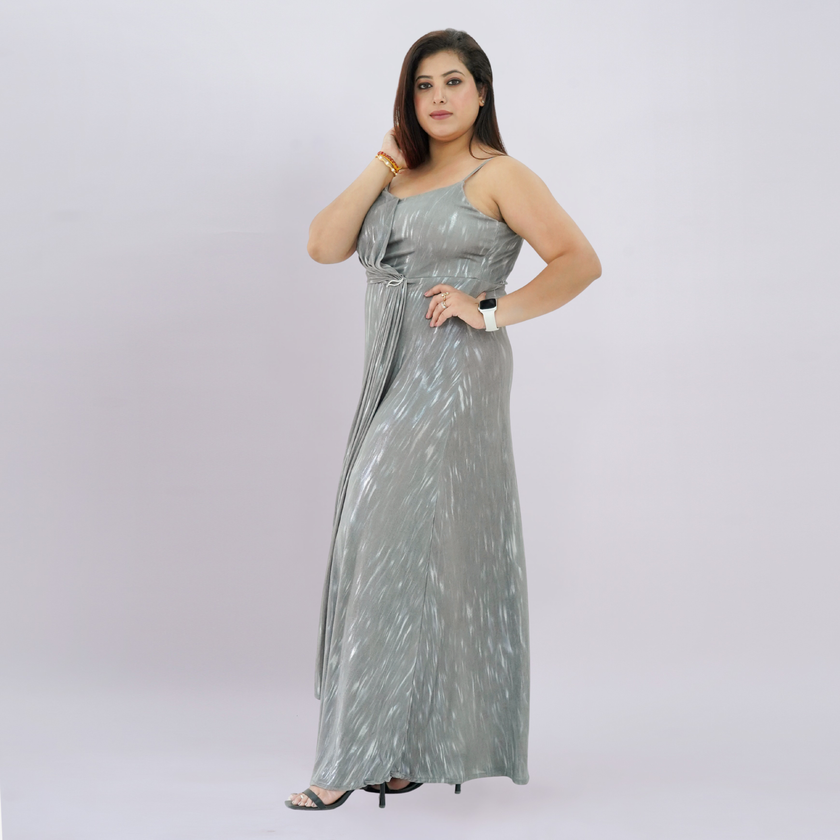 Metallic Draped Maxi Dress with Matching Shrug