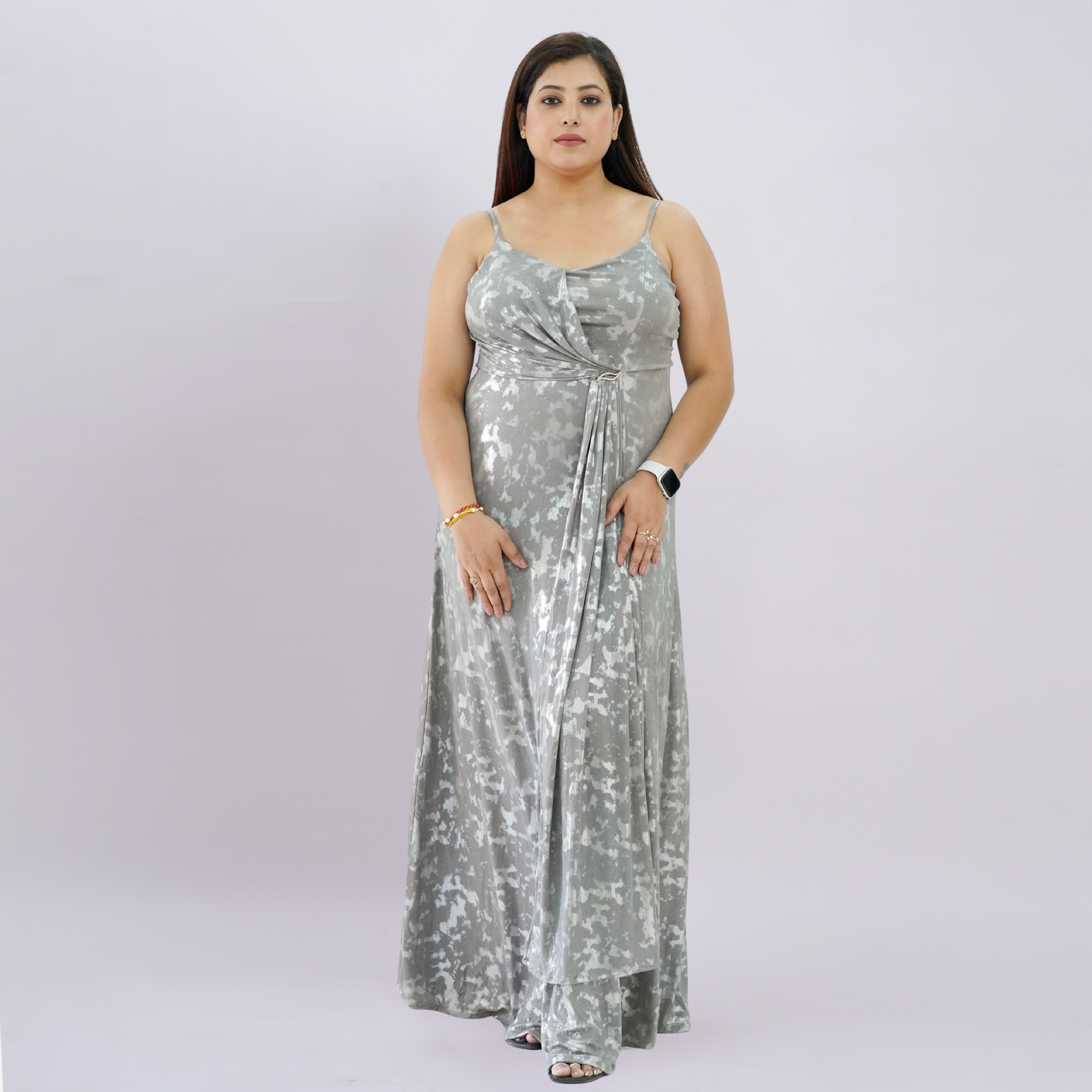 Metallic Draped Maxi Dress with Matching Shrug