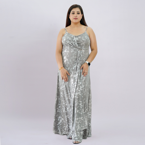 Metallic Draped Maxi Dress with Matching Shrug