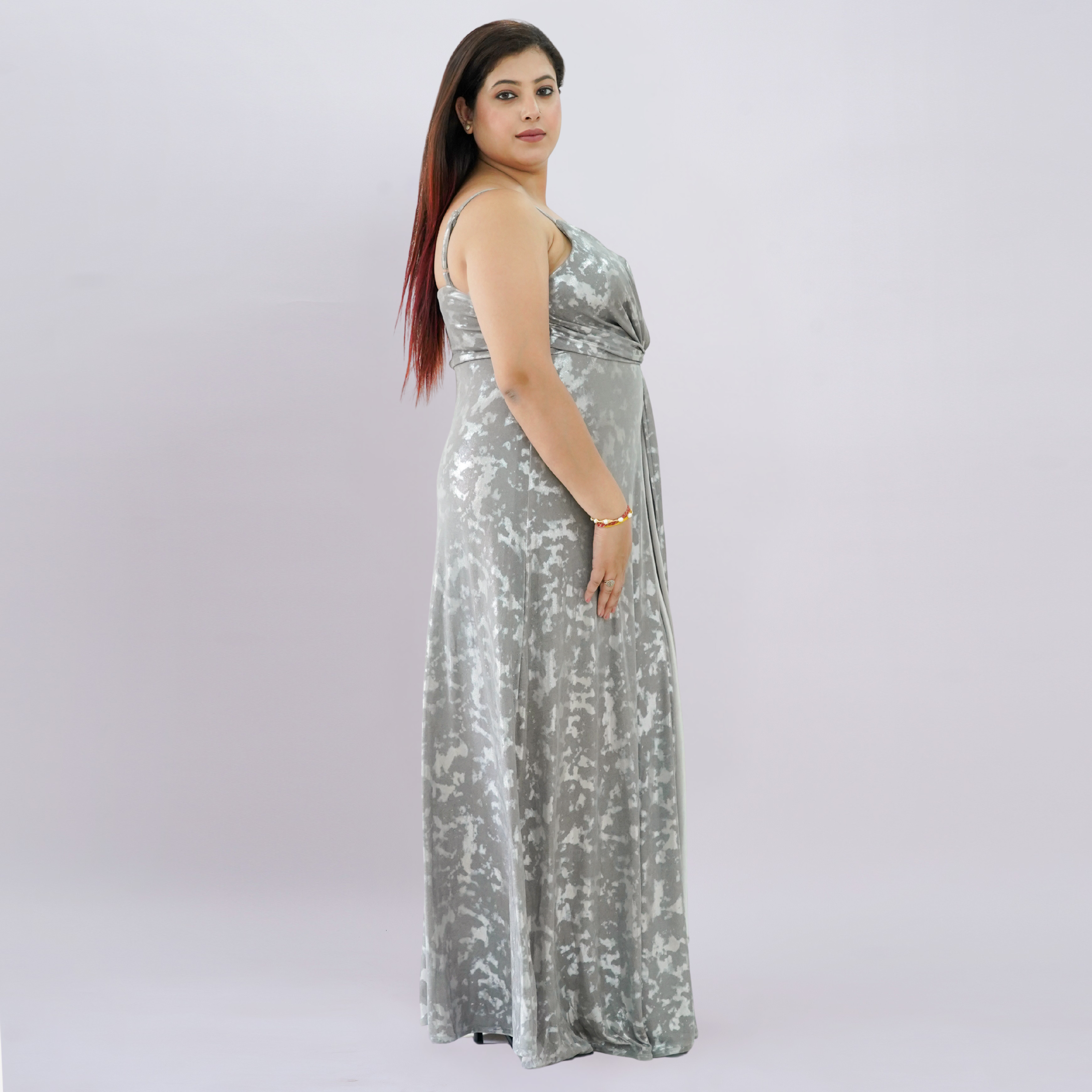 Metallic Draped Maxi Dress with Matching Shrug