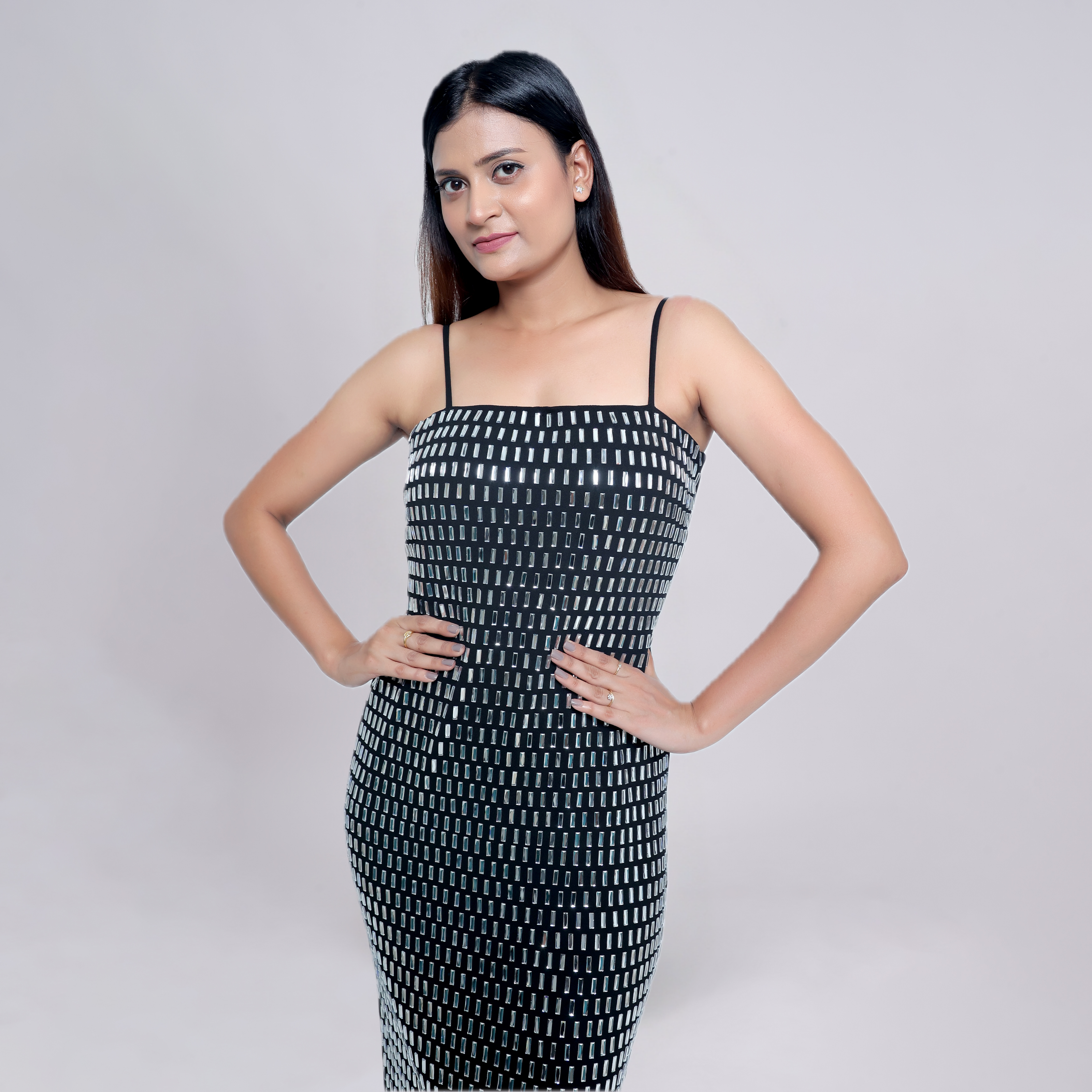 Mirror-Studded Bodycon Evening Gown