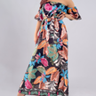 Off-Shoulder Satin Multi coloured Leaf Print Maxi Dress