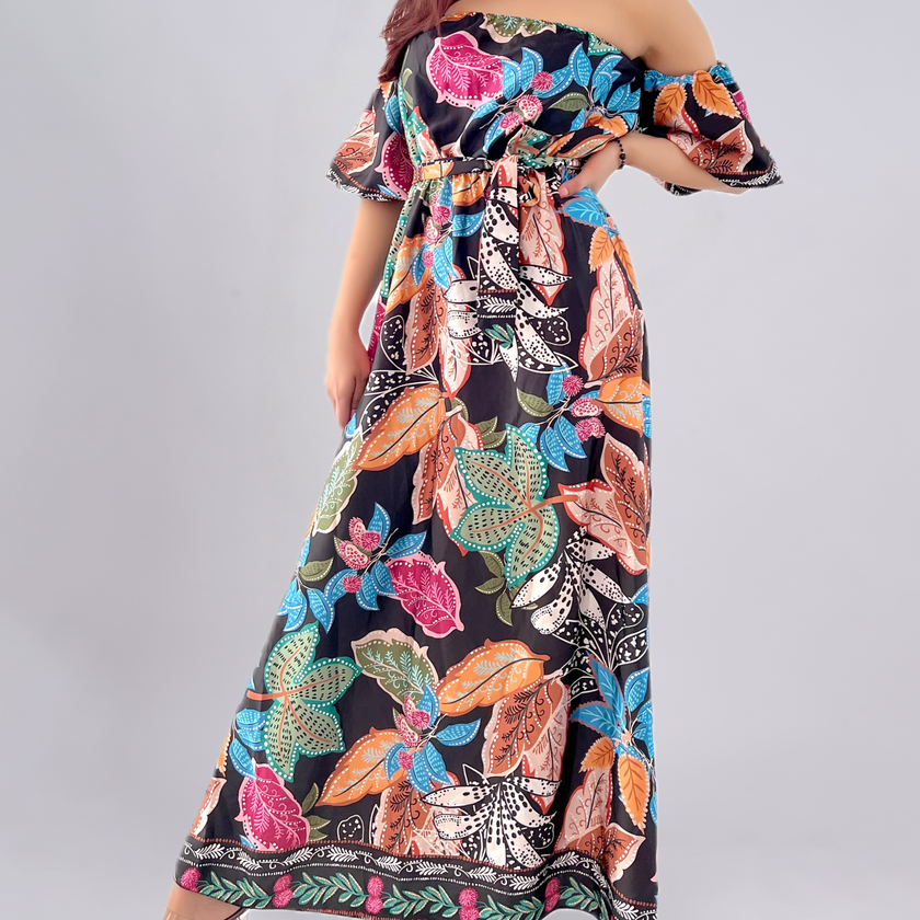 Off-Shoulder Satin Multi coloured Leaf Print Maxi Dress