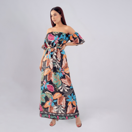 Off-Shoulder Satin Multi coloured Leaf Print Maxi Dress