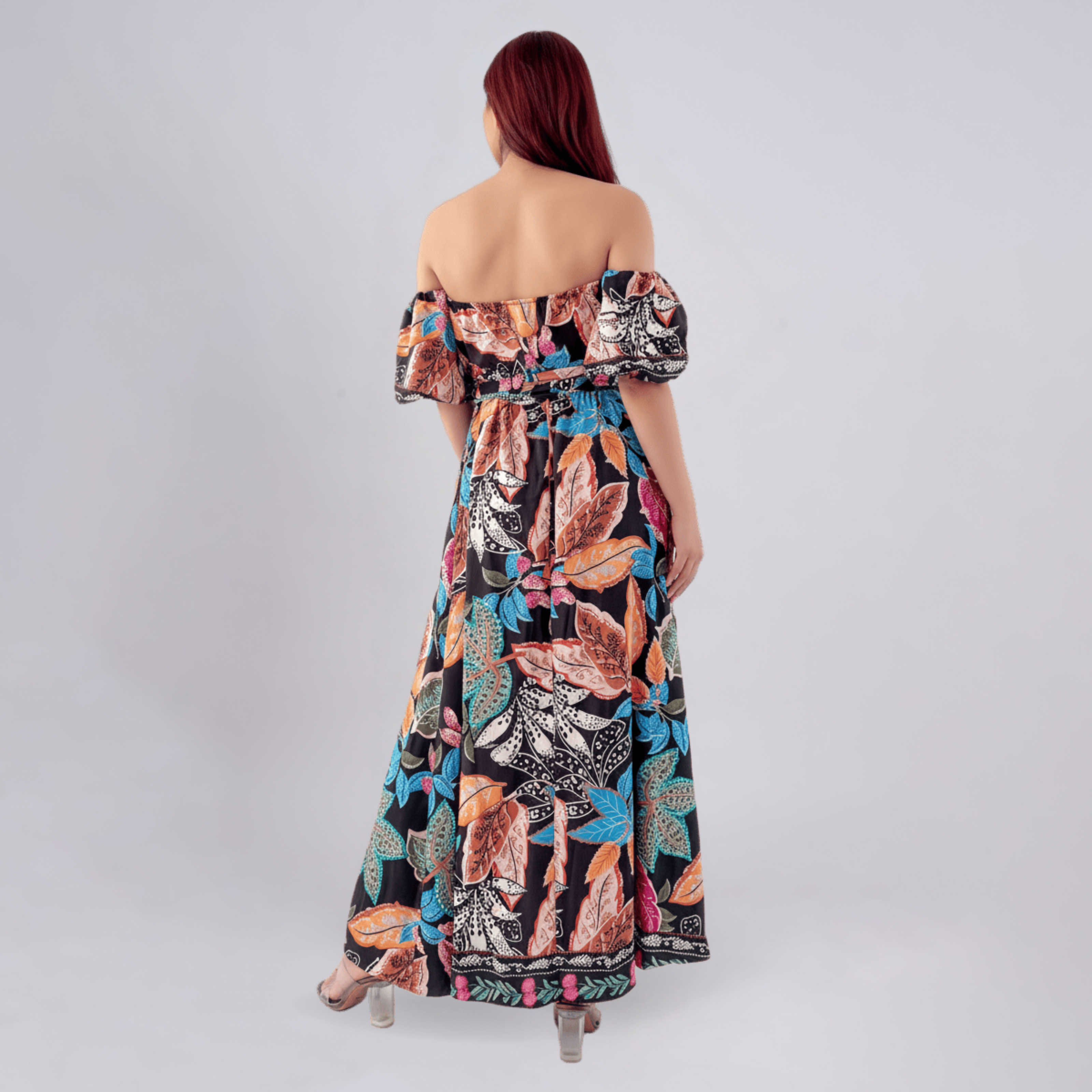 Off-Shoulder Satin Multi coloured Leaf Print Maxi Dress
