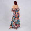 Off-Shoulder Satin Multi coloured Leaf Print Maxi Dress