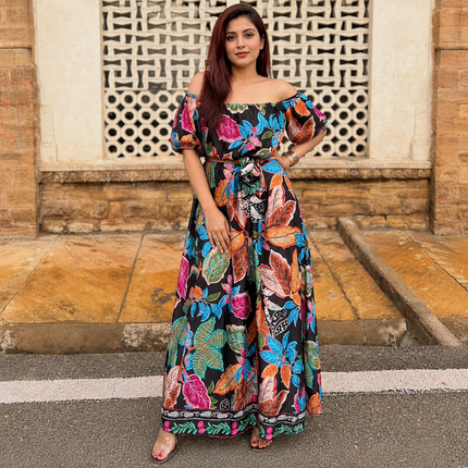 Off-Shoulder Satin Multi coloured Leaf Print Maxi Dress