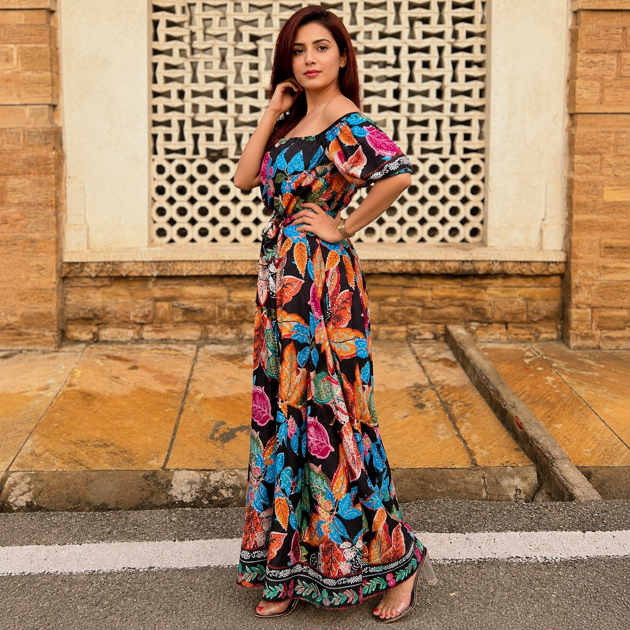 Off-Shoulder Satin Multi coloured Leaf Print Maxi Dress