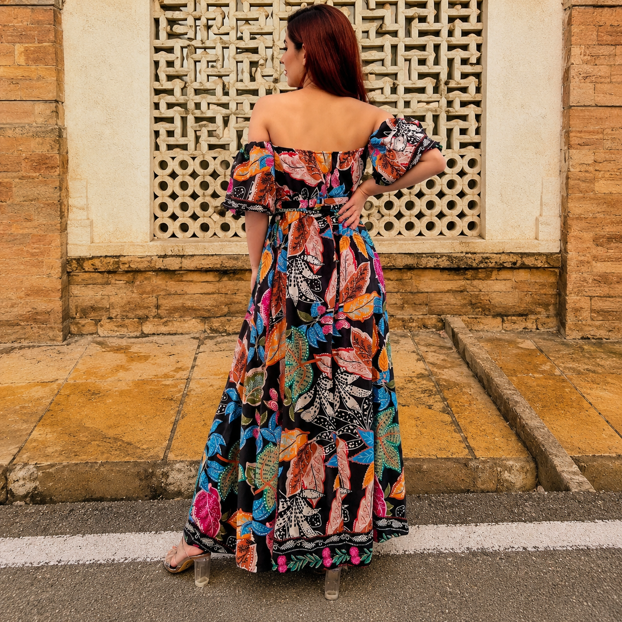 Off-Shoulder Satin Multi coloured Leaf Print Maxi Dress