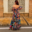 Off-Shoulder Satin Multi coloured Leaf Print Maxi Dress