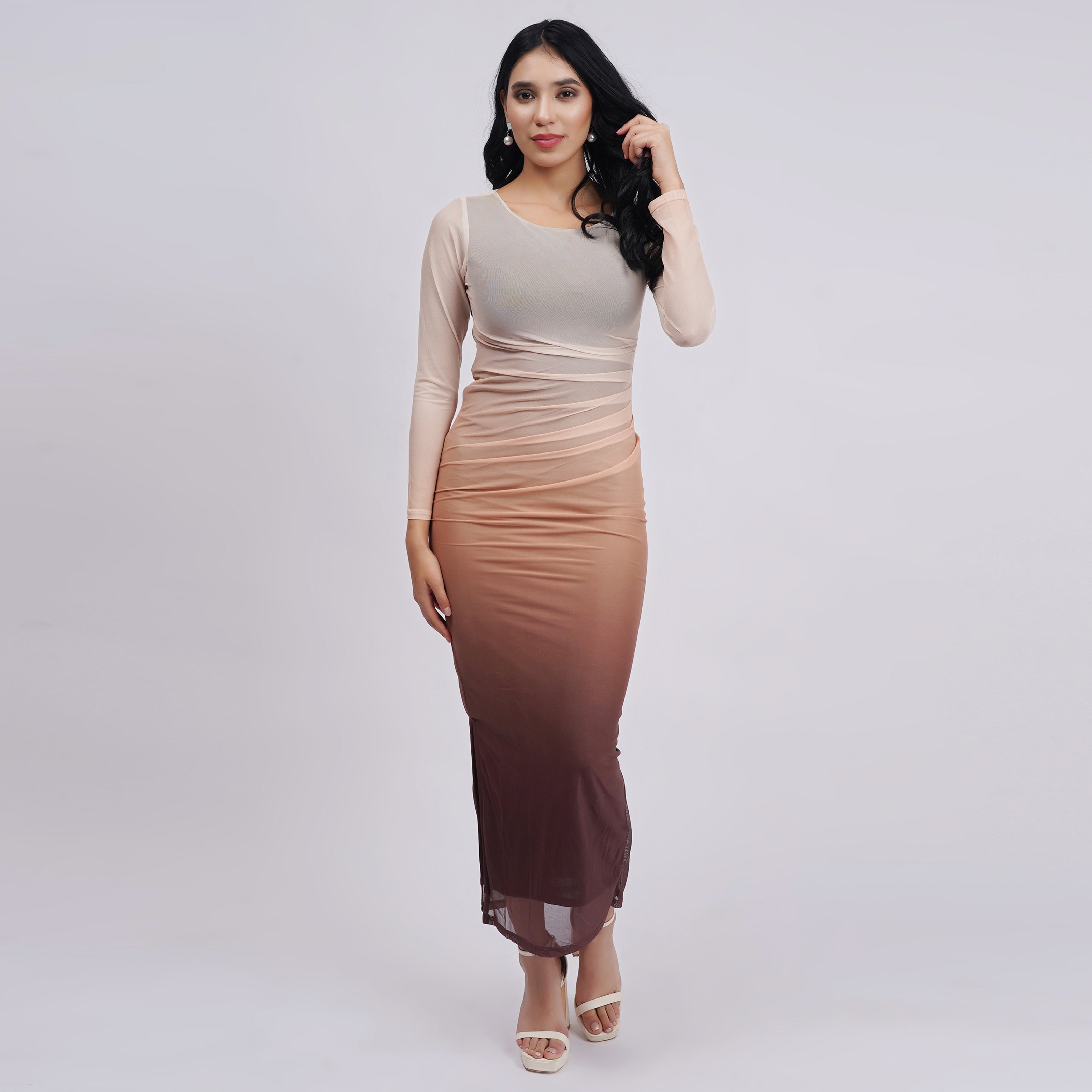 Ombré Mesh Ruched Long Sleeve Maxi with Side Slit