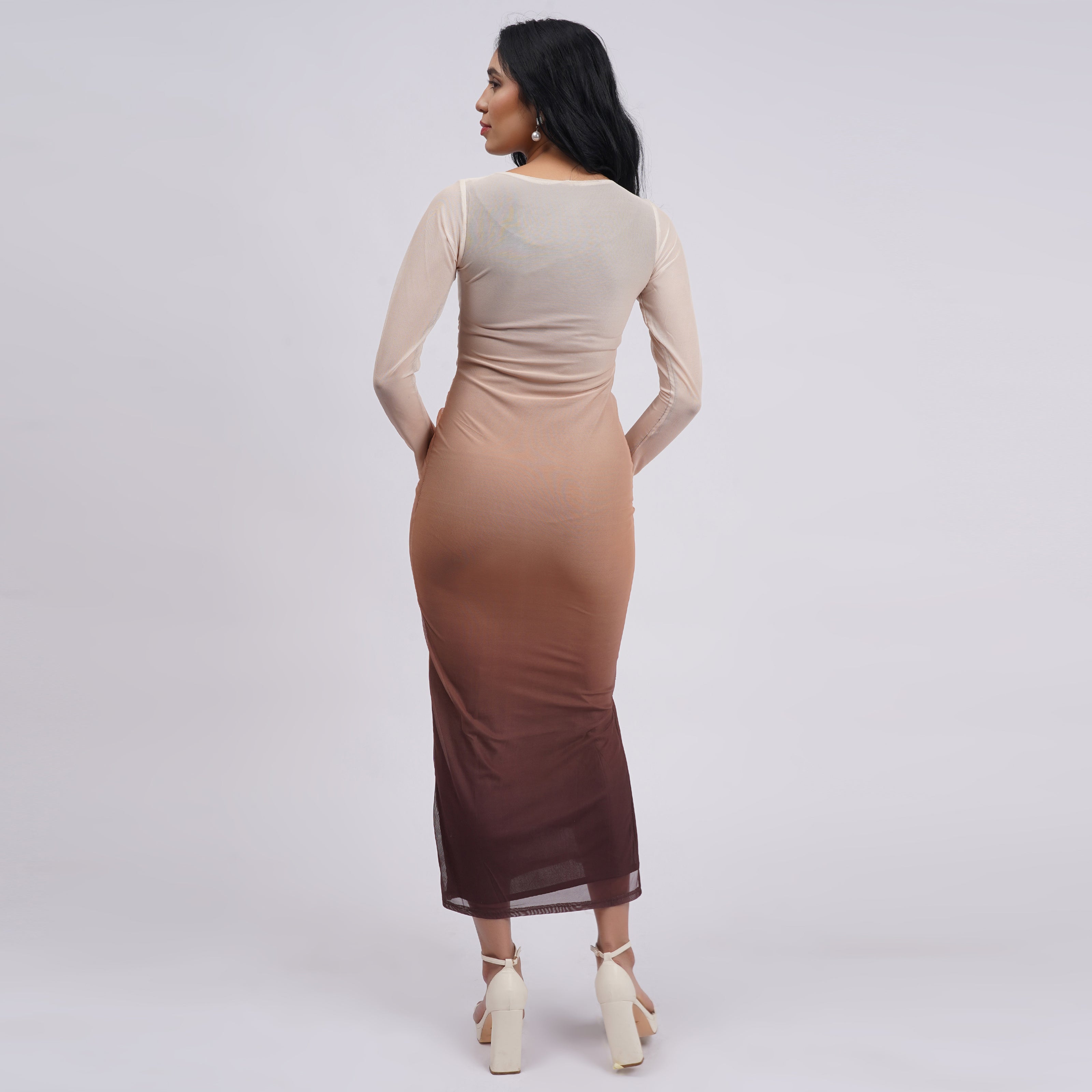 Ombré Mesh Ruched Long Sleeve Maxi with Side Slit
