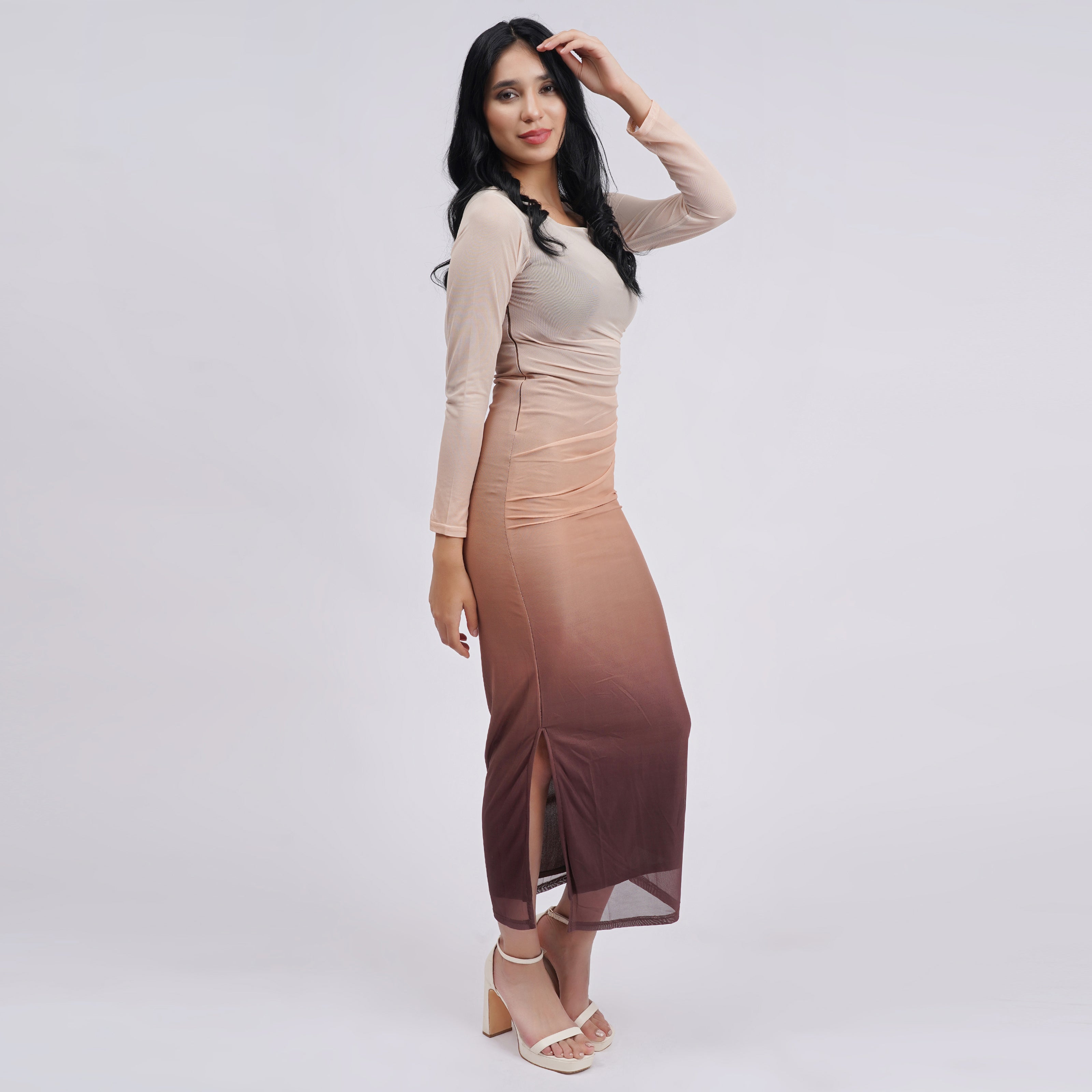 Ombré Mesh Ruched Long Sleeve Maxi with Side Slit