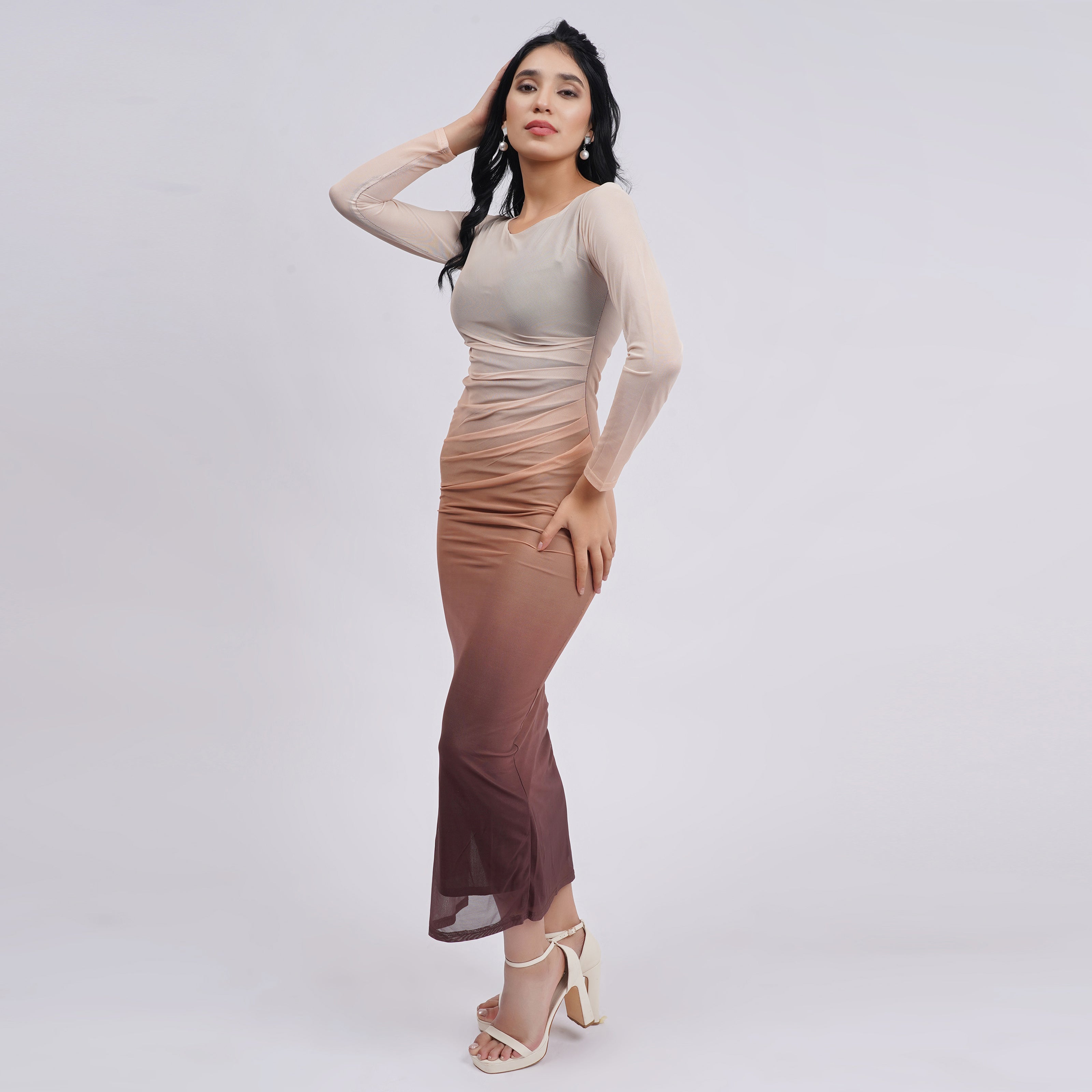 Ombré Mesh Ruched Long Sleeve Maxi with Side Slit