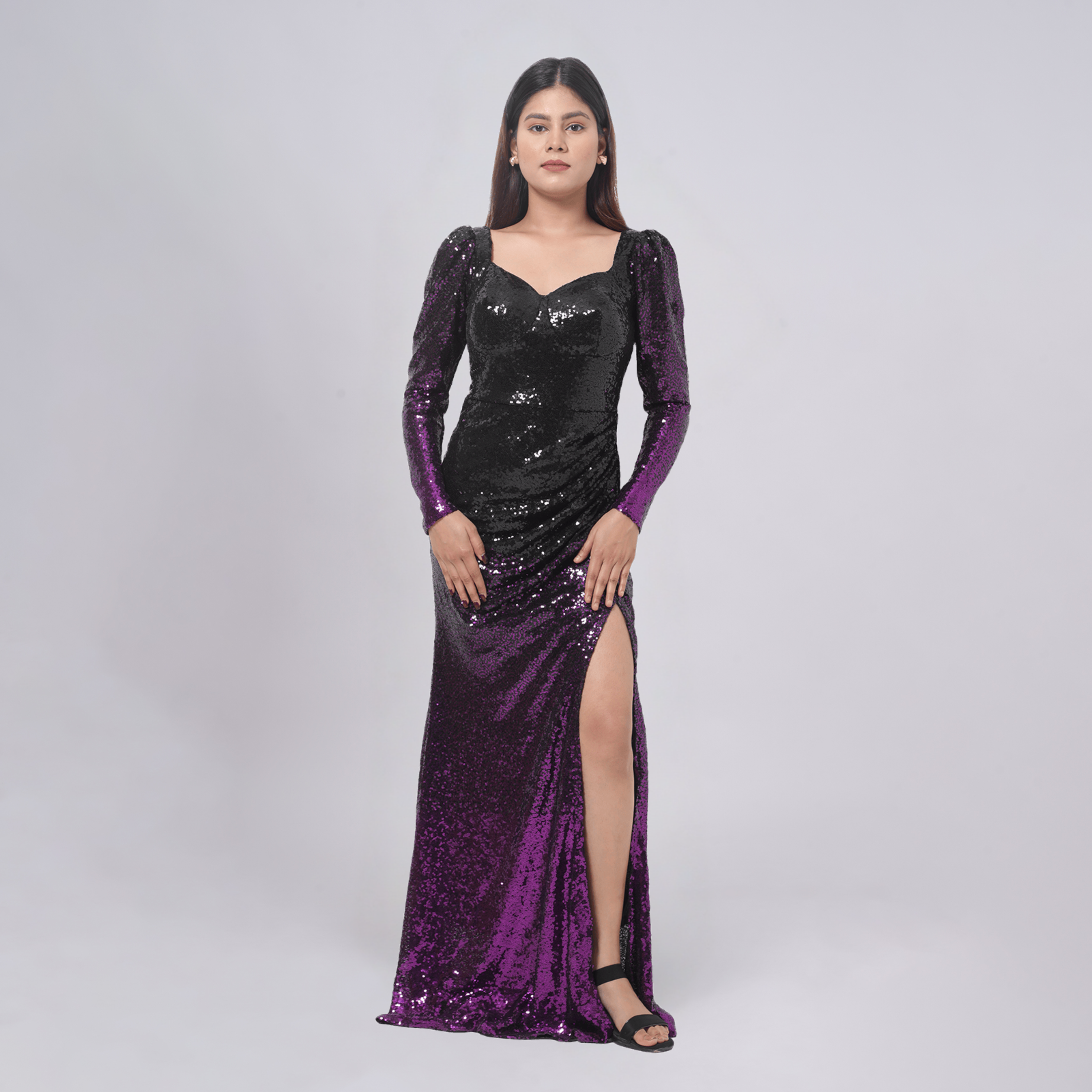 Ombré Sequin Long Sleeve Gown with Side Slit
