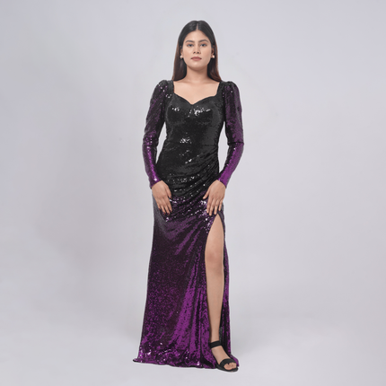 Ombré Sequin Long Sleeve Gown with Side Slit