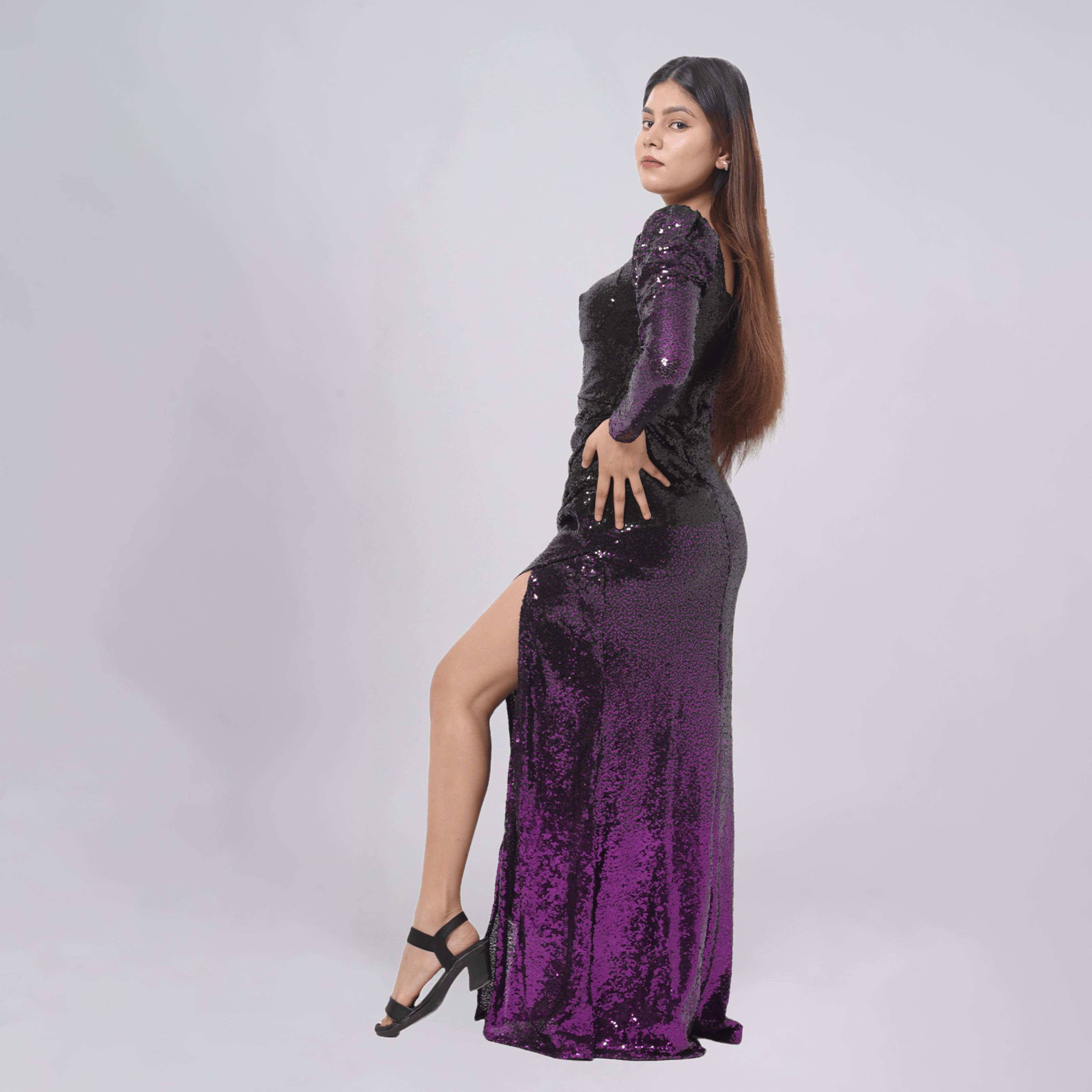 Ombré Sequin Long Sleeve Gown with Side Slit