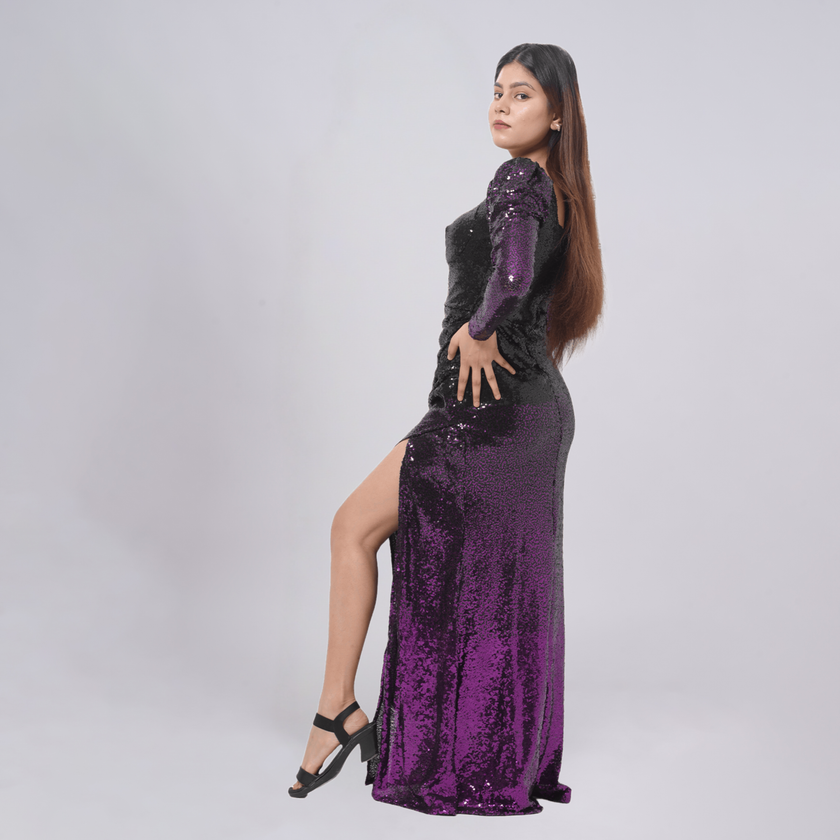 Ombré Sequin Long Sleeve Gown with Side Slit