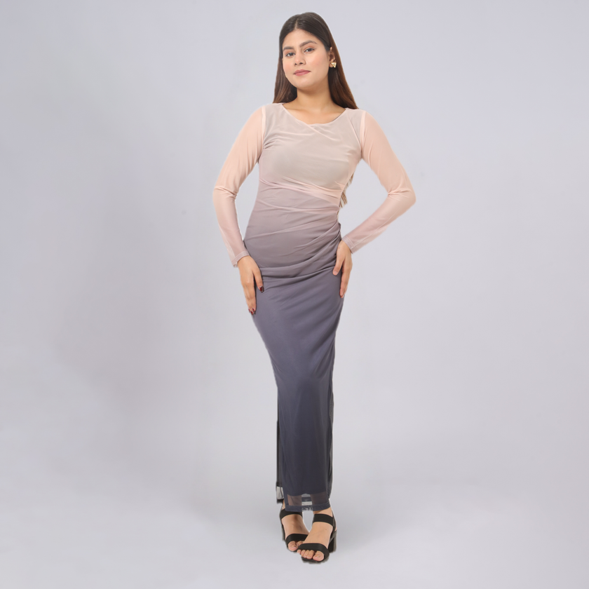 Ombré Mesh Ruched Long Sleeve Maxi with Side Slit