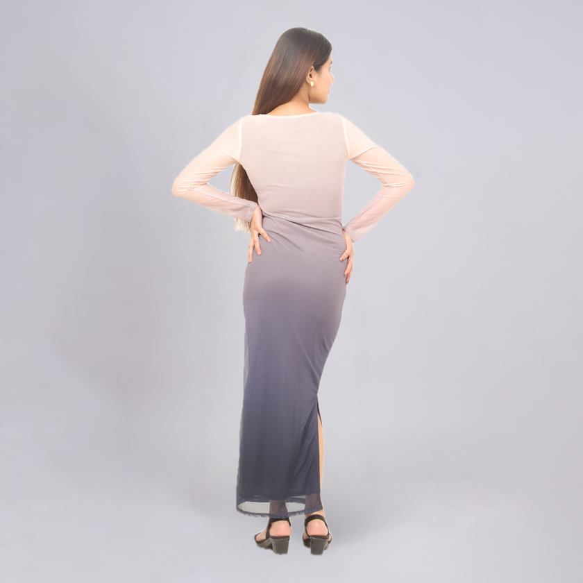 Ombré Mesh Ruched Long Sleeve Maxi with Side Slit