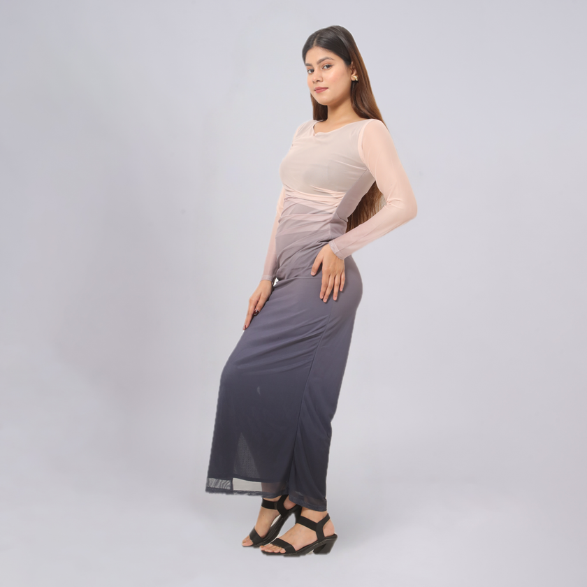 Ombré Mesh Ruched Long Sleeve Maxi with Side Slit