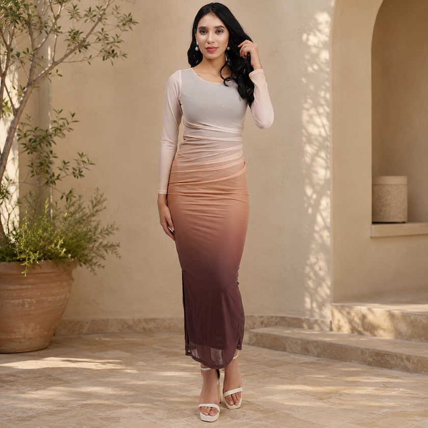 Ombré Mesh Ruched Long Sleeve Maxi with Side Slit