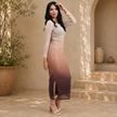 Ombré Mesh Ruched Long Sleeve Maxi with Side Slit