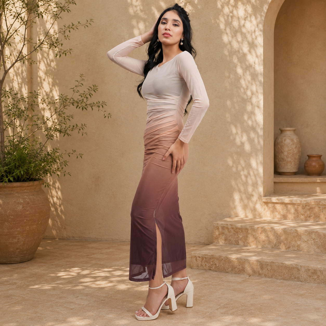 Ombré Mesh Ruched Long Sleeve Maxi with Side Slit