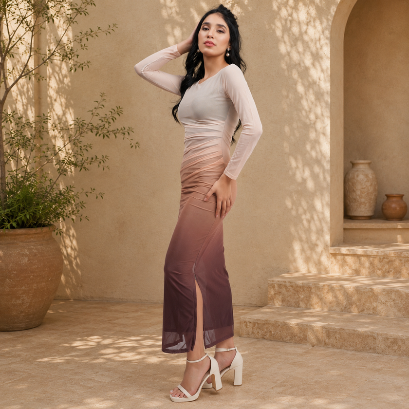 Ombré Mesh Ruched Long Sleeve Maxi with Side Slit
