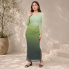 Ombré Mesh Ruched Long Sleeve Maxi with Side Slit