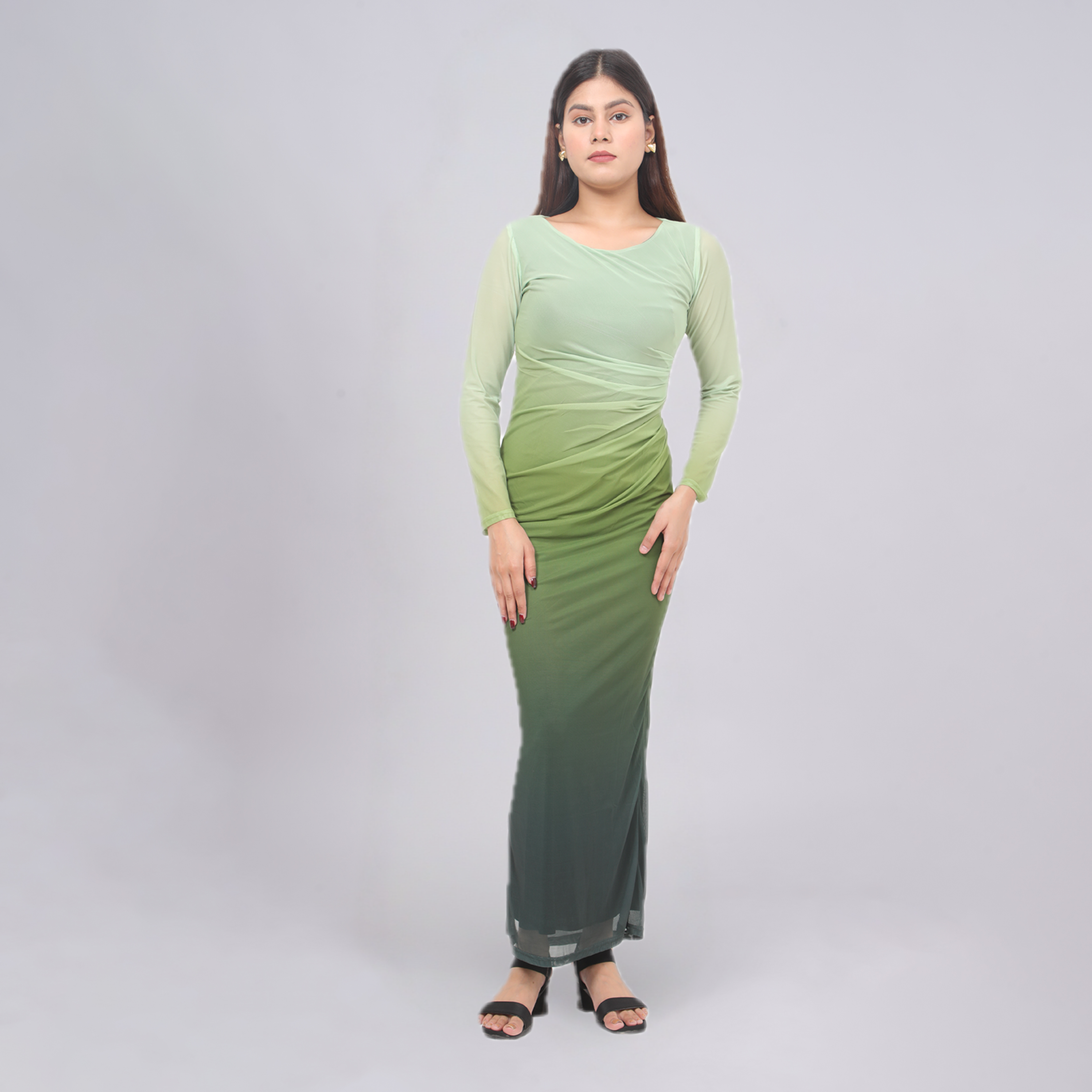 Ombré Mesh Ruched Long Sleeve Maxi with Side Slit